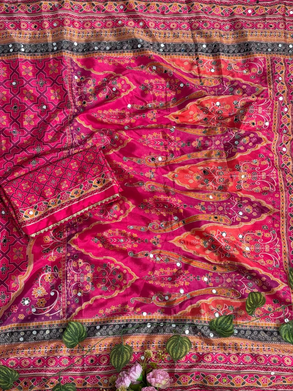 Divine Wedding Wear Pure Soft Silk Digital Print n Heavy Mirror Work Saree With Blissful Blouse Piece