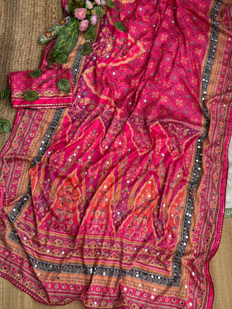 Divine Wedding Wear Pure Soft Silk Digital Print n Heavy Mirror Work Saree With Blissful Blouse Piece