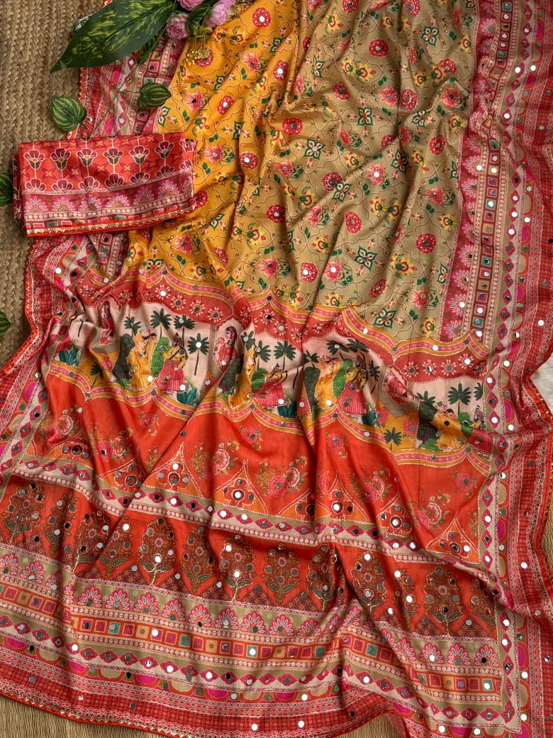Divine Wedding Wear Pure Soft Silk Digital Print n Heavy Mirror Work Saree With Blissful Blouse Piece