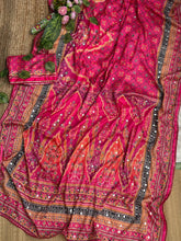 Load image into Gallery viewer, Divine Wedding Wear Pure Soft Silk Digital Print n Heavy Mirror Work Saree With Blissful Blouse Piece
