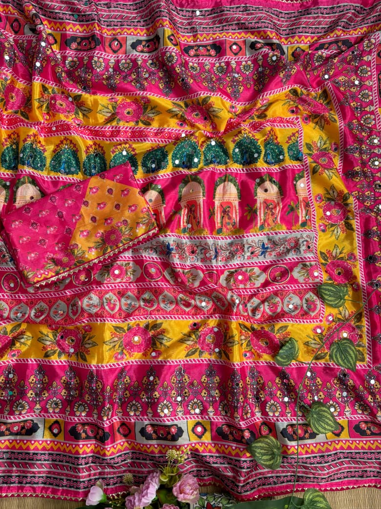 Divine Wedding Wear Pure Soft Silk Digital Print n Heavy Mirror Work Saree With Blissful Blouse Piece
