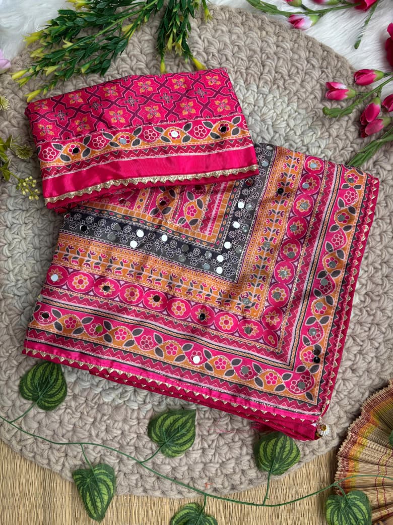 Divine Wedding Wear Pure Soft Silk Digital Print n Heavy Mirror Work Saree With Blissful Blouse Piece