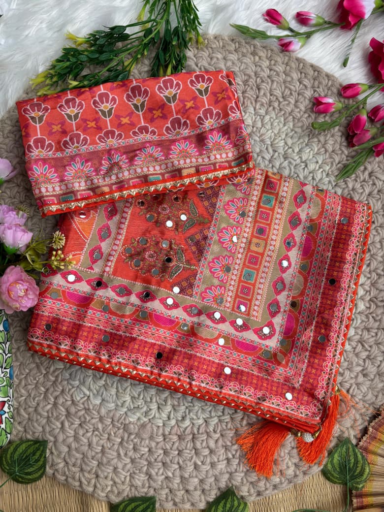 Divine Wedding Wear Pure Soft Silk Digital Print n Heavy Mirror Work Saree With Blissful Blouse Piece