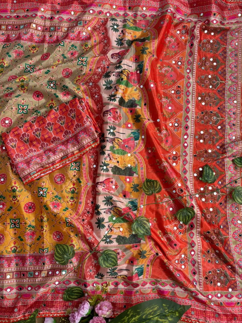 Divine Wedding Wear Pure Soft Silk Digital Print n Heavy Mirror Work Saree With Blissful Blouse Piece