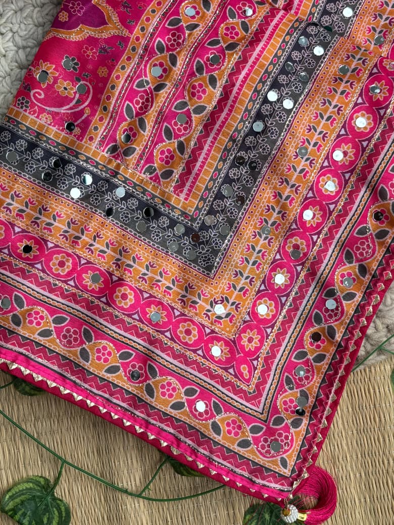Divine Wedding Wear Pure Soft Silk Digital Print n Heavy Mirror Work Saree With Blissful Blouse Piece