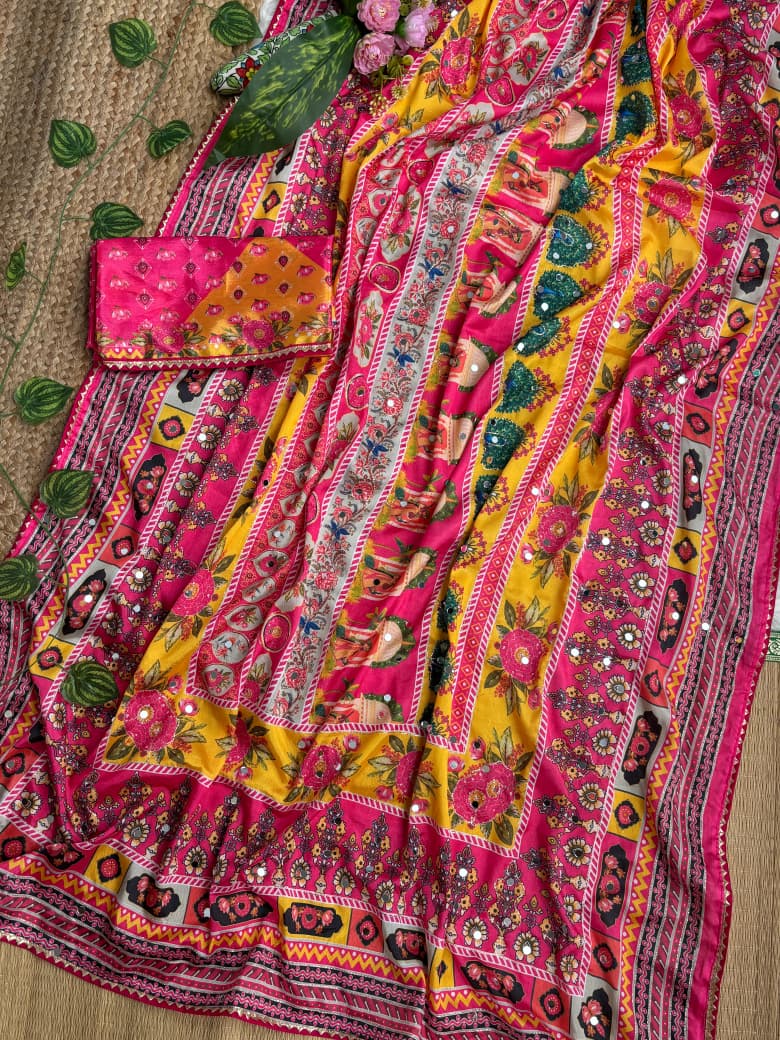 Divine Wedding Wear Pure Soft Silk Digital Print n Heavy Mirror Work Saree With Blissful Blouse Piece