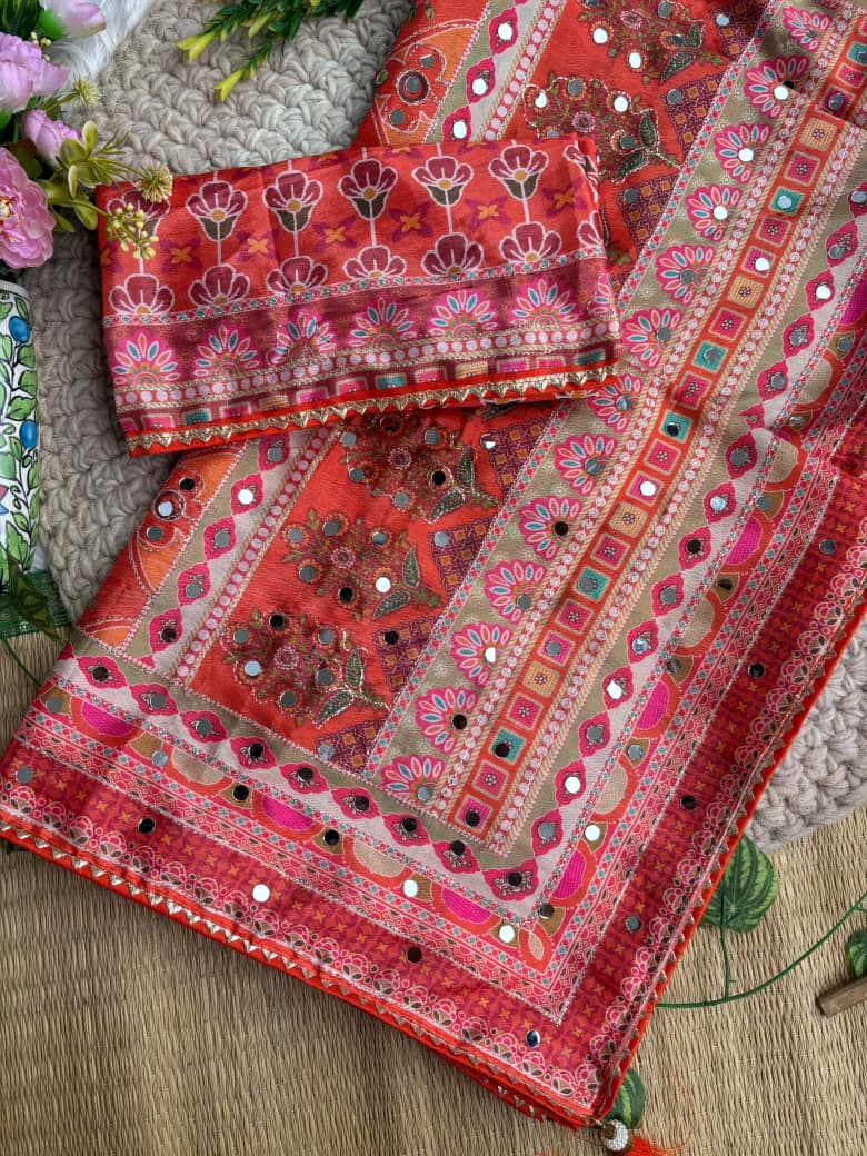 Divine Wedding Wear Pure Soft Silk Digital Print n Heavy Mirror Work Saree With Blissful Blouse Piece