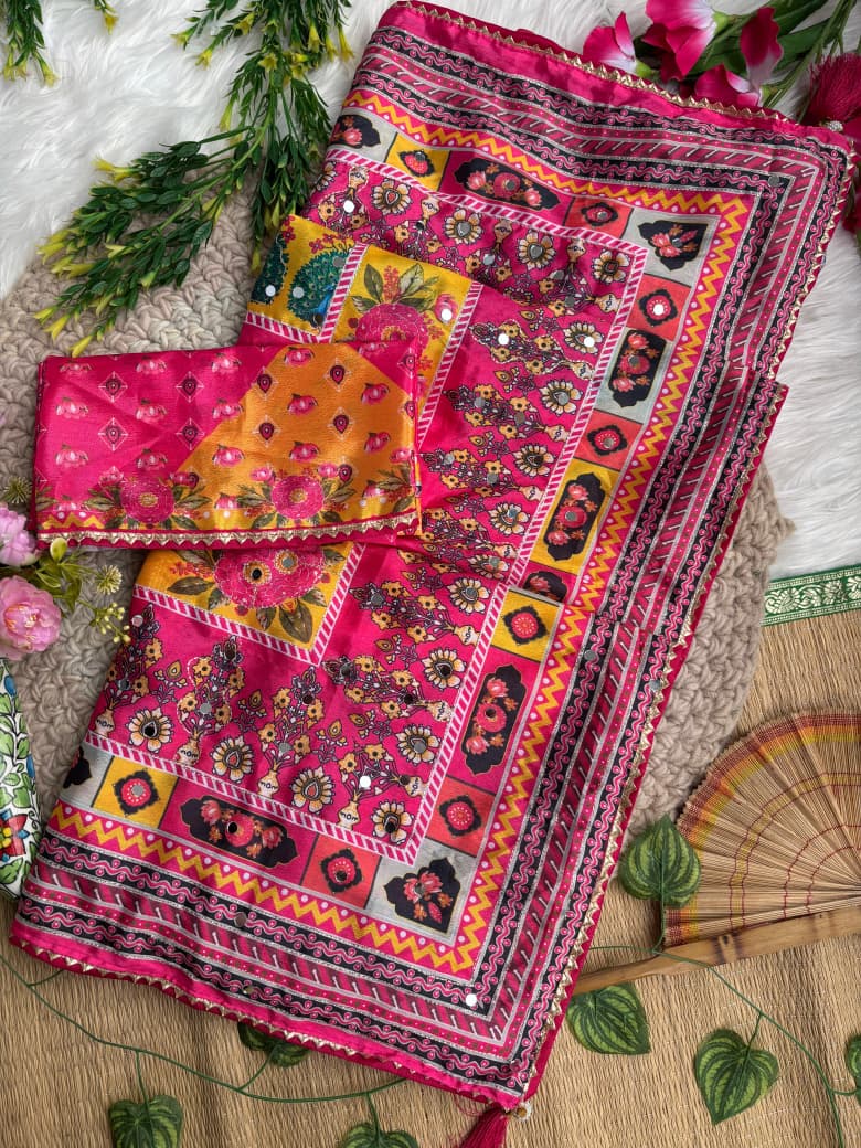 Divine Wedding Wear Pure Soft Silk Digital Print n Heavy Mirror Work Saree With Blissful Blouse Piece