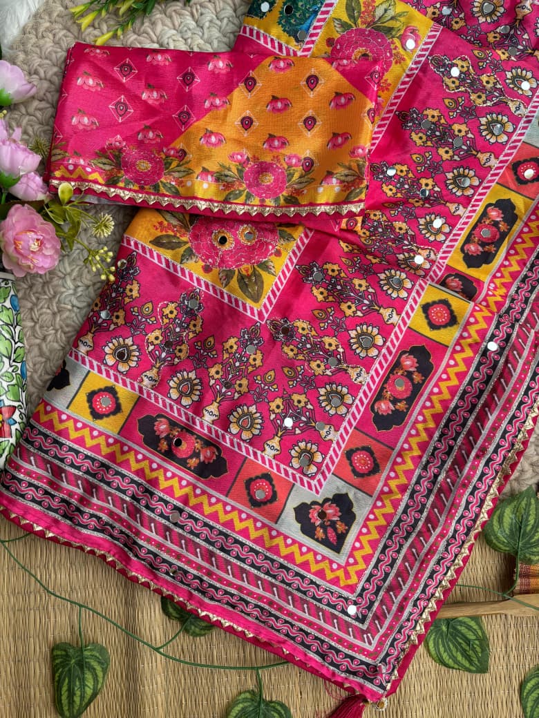 Divine Wedding Wear Pure Soft Silk Digital Print n Heavy Mirror Work Saree With Blissful Blouse Piece