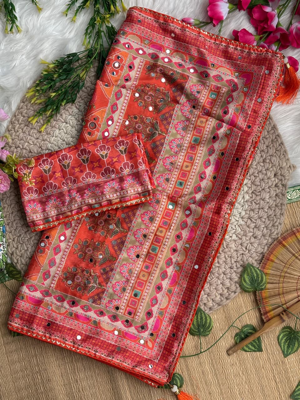 Divine Wedding Wear Pure Soft Silk Digital Print n Heavy Mirror Work Saree With Blissful Blouse Piece