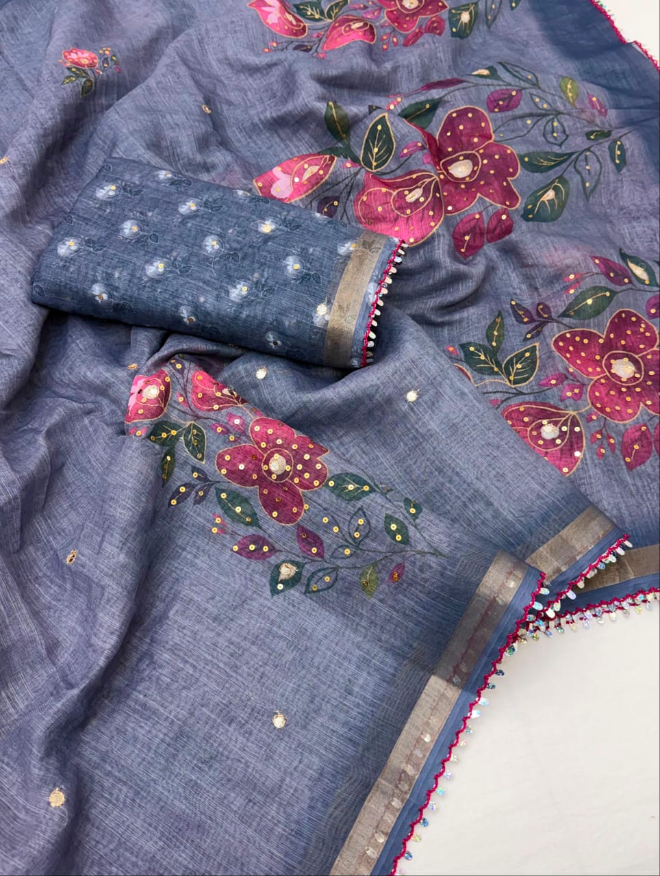 Alverina Party Wear Soft Cotton Digital Print Mirror Work Fancy Saree With Blissful Blouse Piece