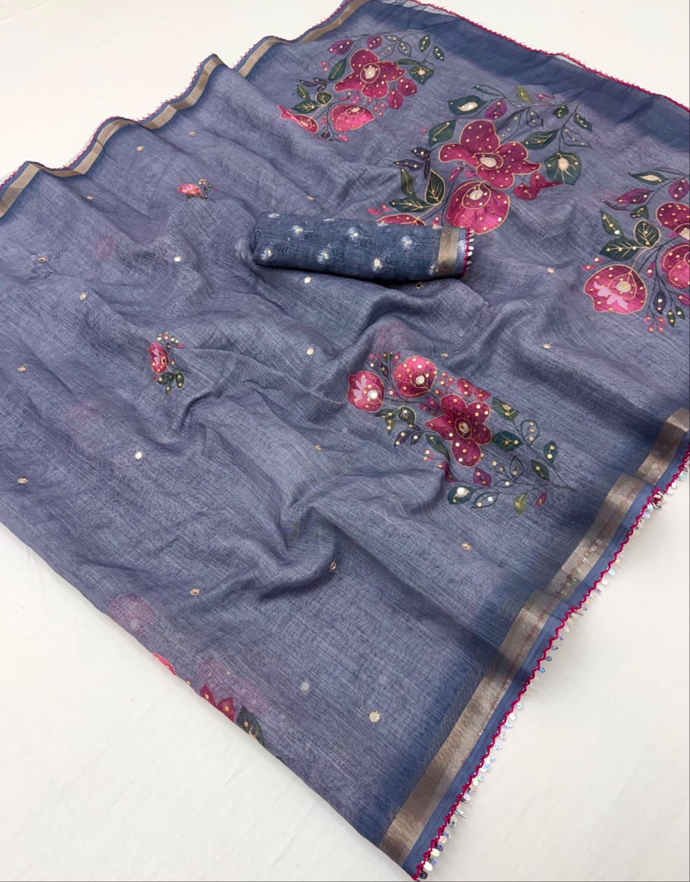 Alverina Party Wear Soft Cotton Digital Print Mirror Work Fancy Saree With Blissful Blouse Piece
