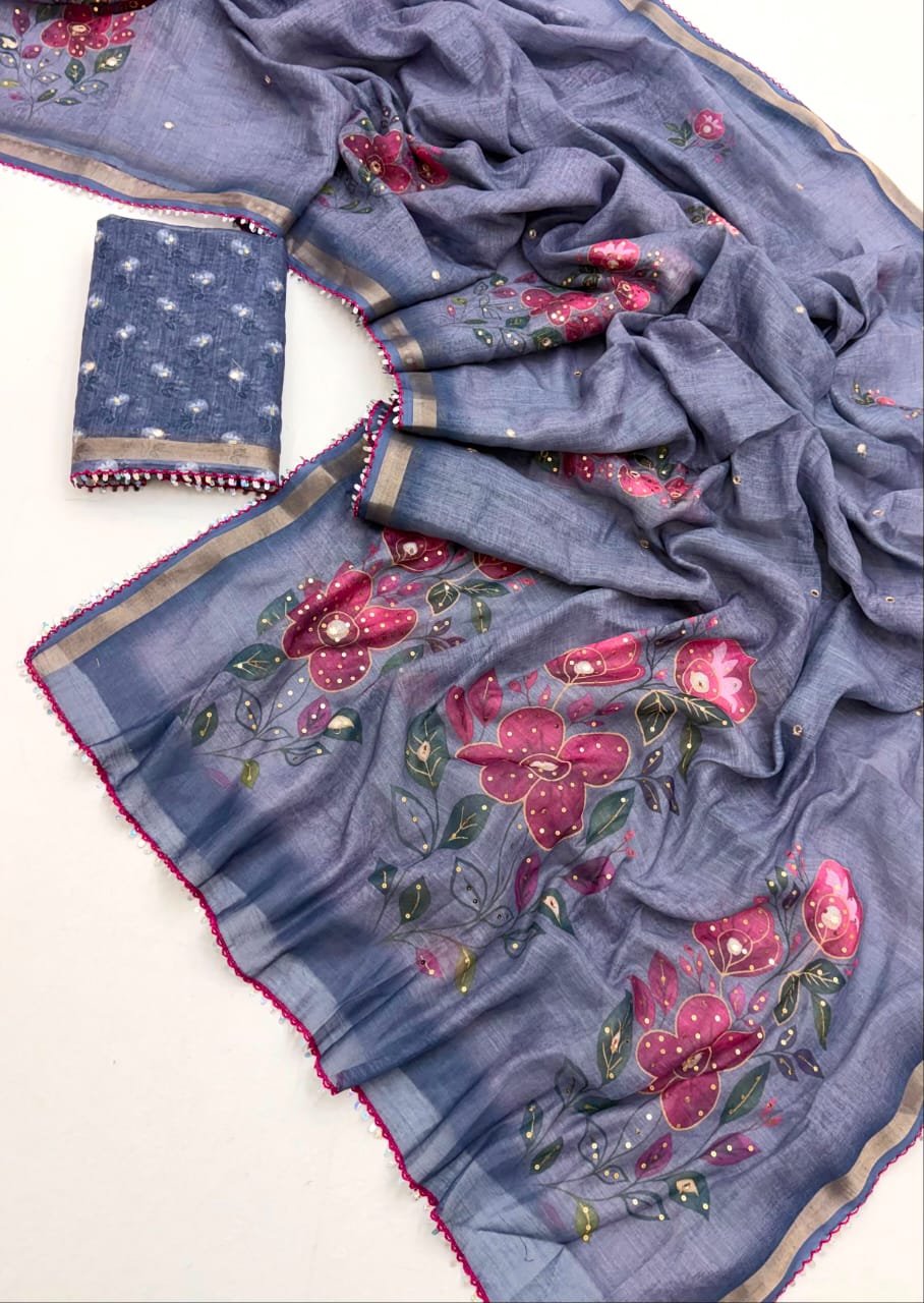 Alverina Party Wear Soft Cotton Digital Print Mirror Work Fancy Saree With Blissful Blouse Piece