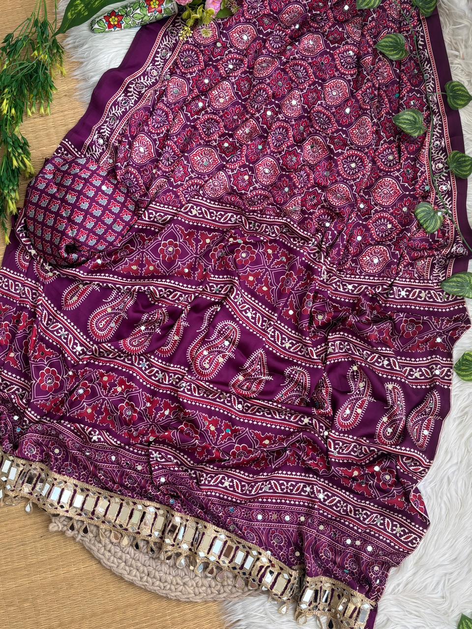 Exuberant Festive Wear Pure Satin Silk Ajrak Printed Rich Pallu n Mirror Work Fancy Saree With Blouse Piece