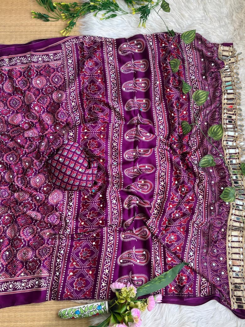 Exuberant Festive Wear Pure Satin Silk Ajrak Printed Rich Pallu n Mirror Work Fancy Saree With Blouse Piece