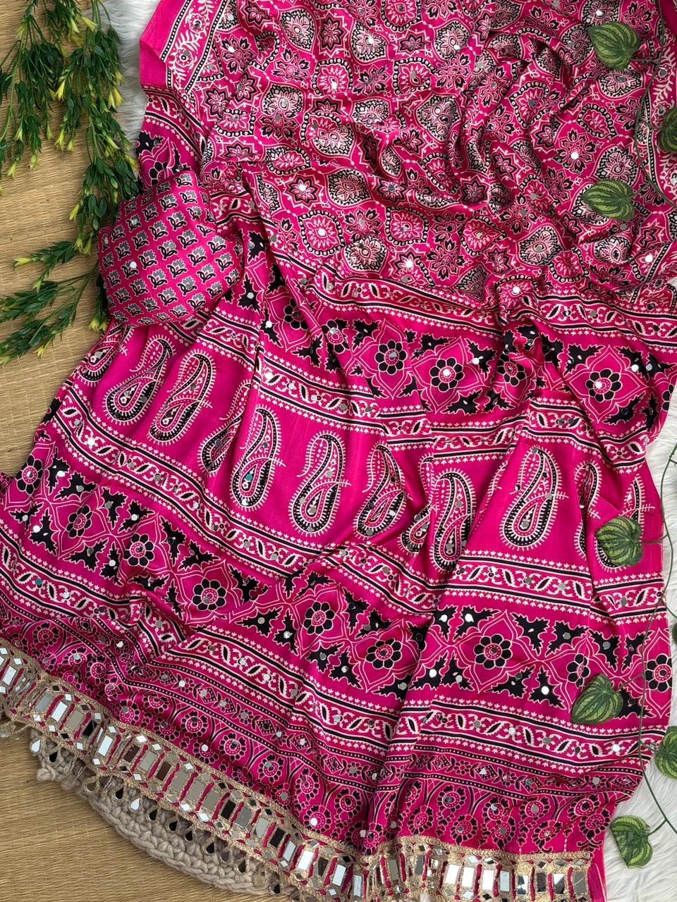 Exuberant Festive Wear Pure Satin Silk Ajrak Printed Rich Pallu n Mirror Work Fancy Saree With Blouse Piece
