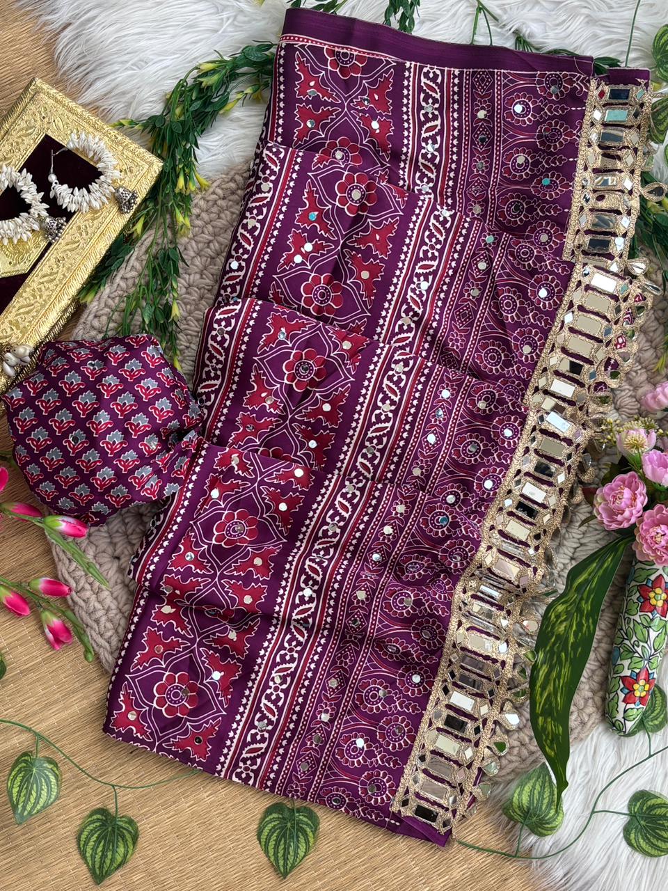 Exuberant Festive Wear Pure Satin Silk Ajrak Printed Rich Pallu n Mirror Work Fancy Saree With Blouse Piece