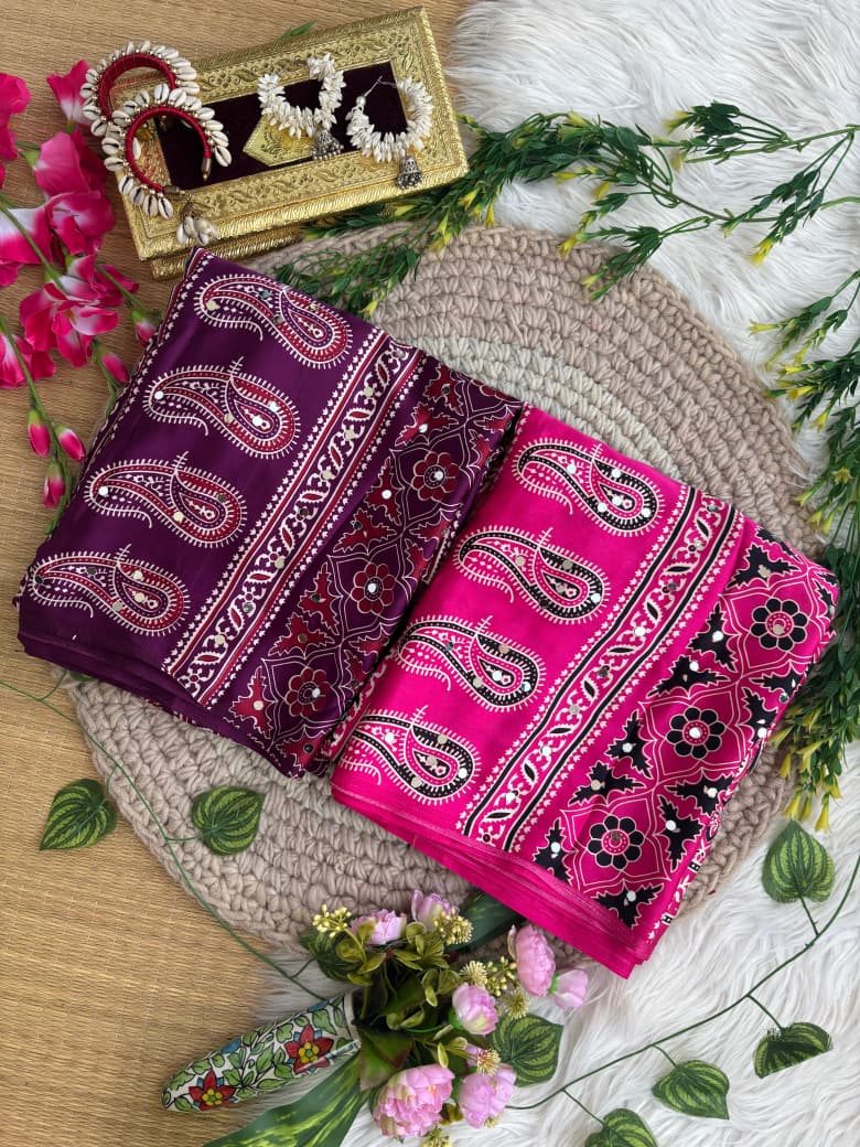 Exuberant Festive Wear Pure Satin Silk Ajrak Printed Rich Pallu n Mirror Work Fancy Saree With Blouse Piece