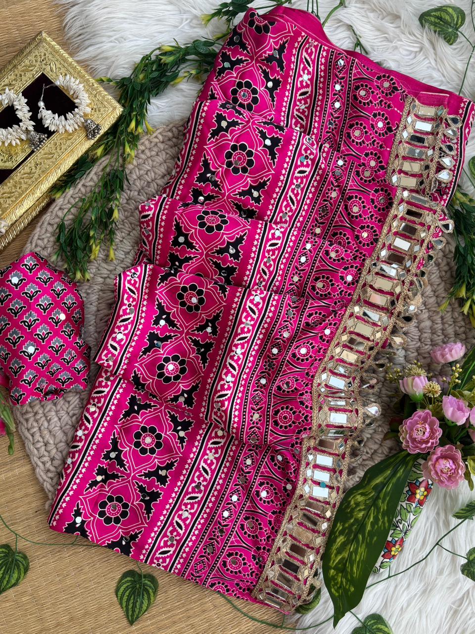 Exuberant Festive Wear Pure Satin Silk Ajrak Printed Rich Pallu n Mirror Work Fancy Saree With Blouse Piece