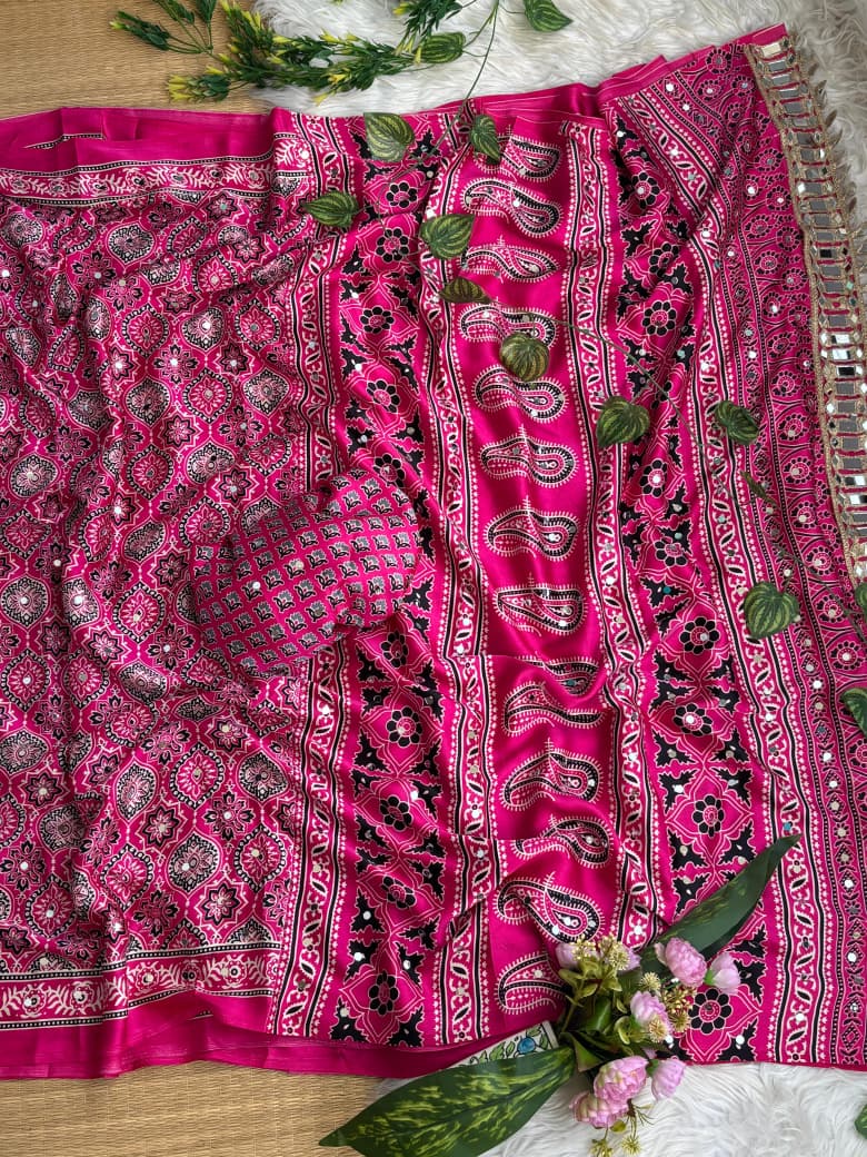 Exuberant Festive Wear Pure Satin Silk Ajrak Printed Rich Pallu n Mirror Work Fancy Saree With Blouse Piece