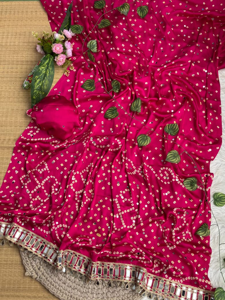 Breathtaking Party Wear Pure Satin Silk Ajrak Printed Rich Pallu n Mirror Work Designer Saree