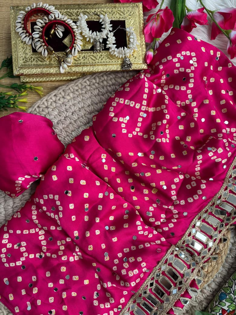 Breathtaking Party Wear Pure Satin Silk Ajrak Printed Rich Pallu n Mirror Work Designer Saree