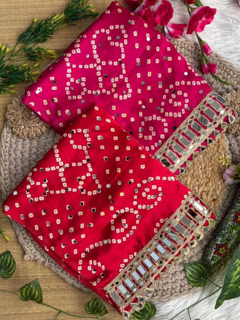 Breathtaking Party Wear Pure Satin Silk Ajrak Printed Rich Pallu n Mirror Work Designer Saree