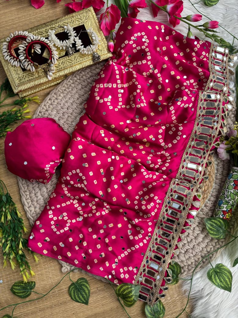 Breathtaking Party Wear Pure Satin Silk Ajrak Printed Rich Pallu n Mirror Work Designer Saree
