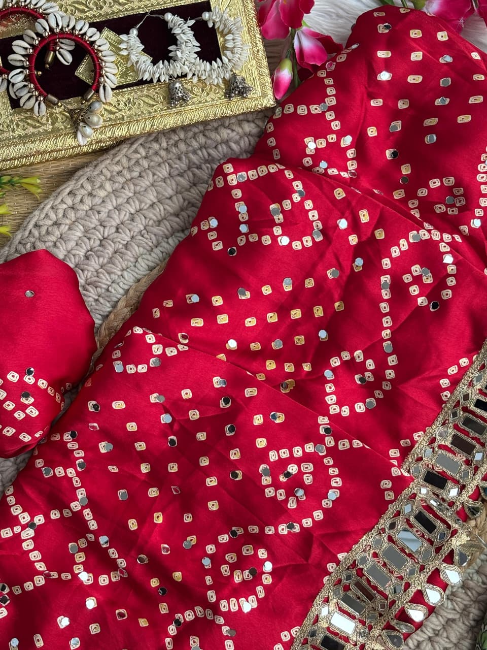 Breathtaking Party Wear Pure Satin Silk Ajrak Printed Rich Pallu n Mirror Work Designer Saree