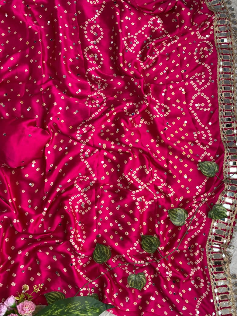 Breathtaking Party Wear Pure Satin Silk Ajrak Printed Rich Pallu n Mirror Work Designer Saree
