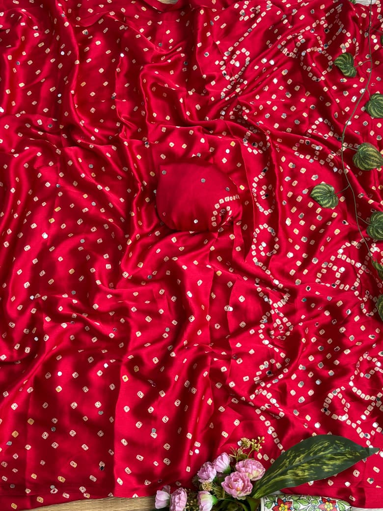 Breathtaking Party Wear Pure Satin Silk Ajrak Printed Rich Pallu n Mirror Work Designer Saree