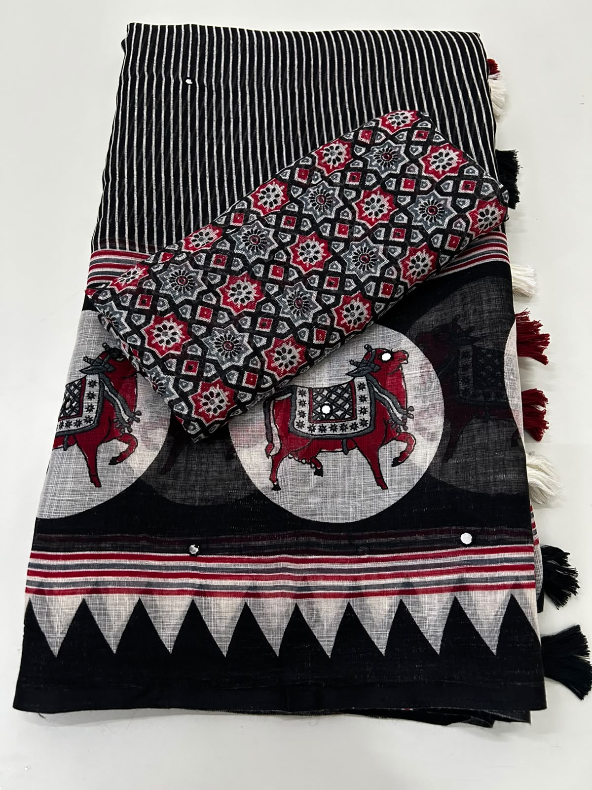Desirable Festive Wear Pure Soft Linen Print n Mirror Work Fancy Saree With Blissful Blouse Piece