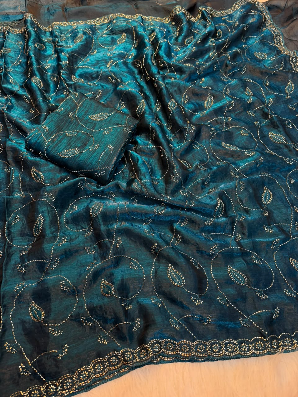 Redolent Wedding Wear Silk Embroidery n Siroski Work Designer Saree With Blouse Piece