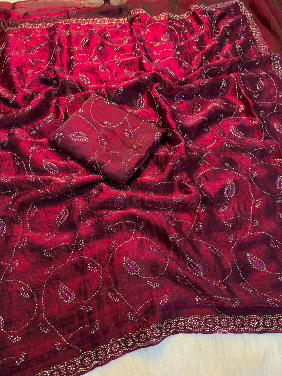 Redolent Wedding Wear Silk Embroidery n Siroski Work Designer Saree With Blouse Piece