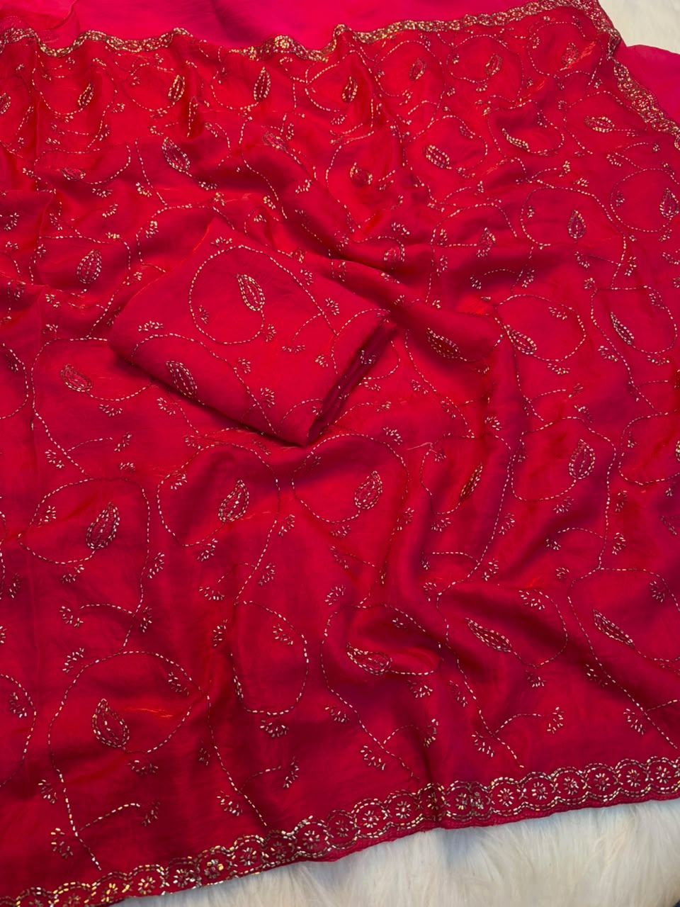 Redolent Wedding Wear Silk Embroidery n Siroski Work Designer Saree With Blouse Piece
