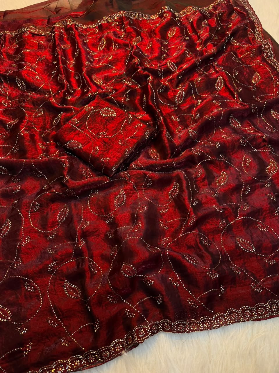 Redolent Wedding Wear Silk Embroidery n Siroski Work Designer Saree With Blouse Piece