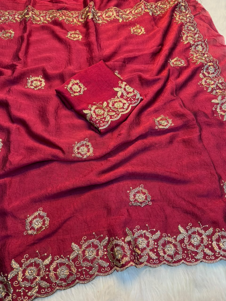 Stunning Function Wear Rangoli Crush Silk Embroidery n Beads Work Border Fancy Saree With Blouse