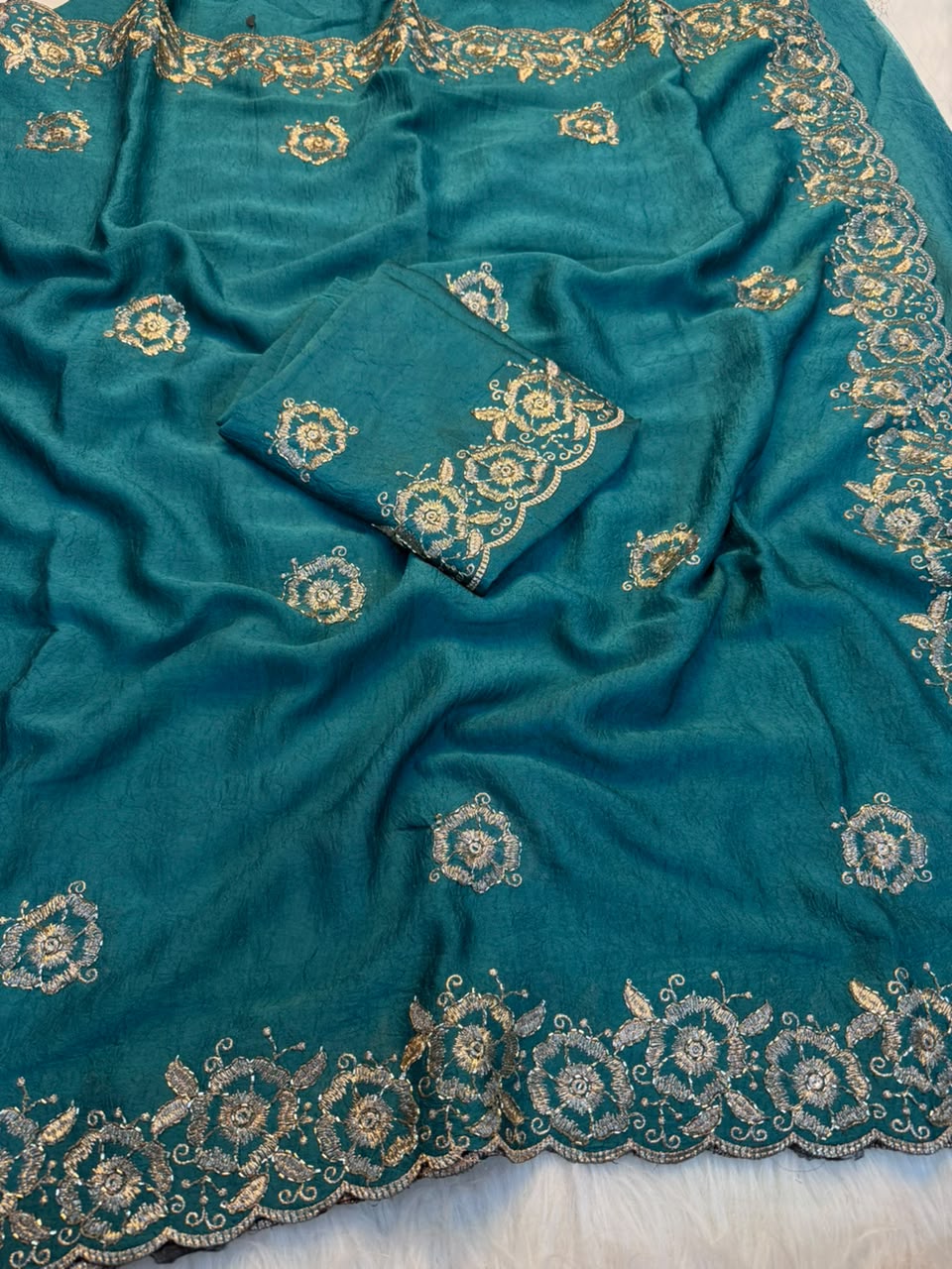 Stunning Function Wear Rangoli Crush Silk Embroidery n Beads Work Border Fancy Saree With Blouse