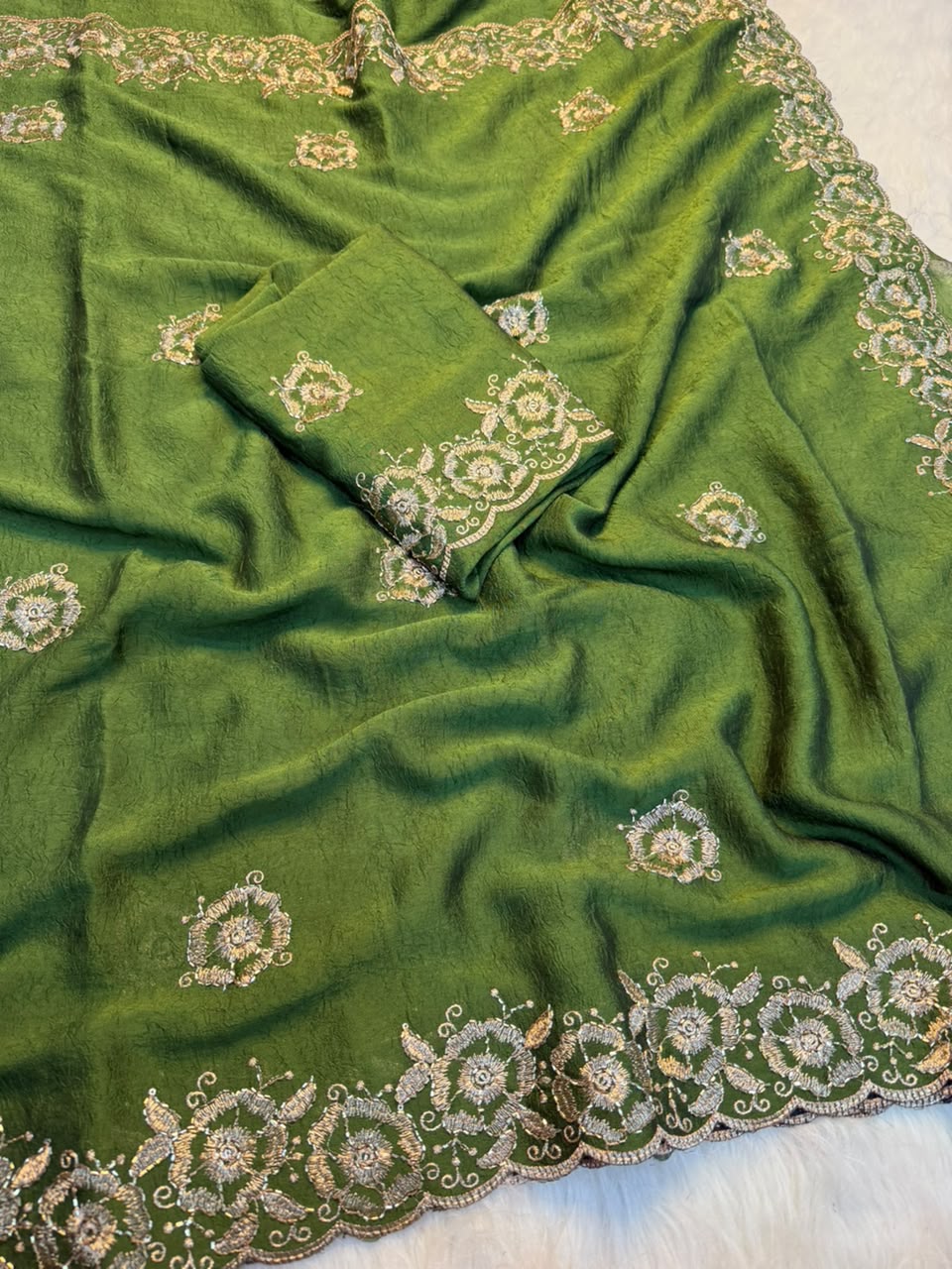 Stunning Function Wear Rangoli Crush Silk Embroidery n Beads Work Border Fancy Saree With Blouse