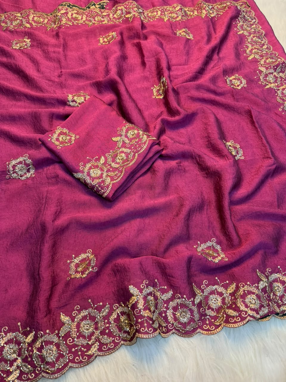 Stunning Function Wear Rangoli Crush Silk Embroidery n Beads Work Border Fancy Saree With Blouse