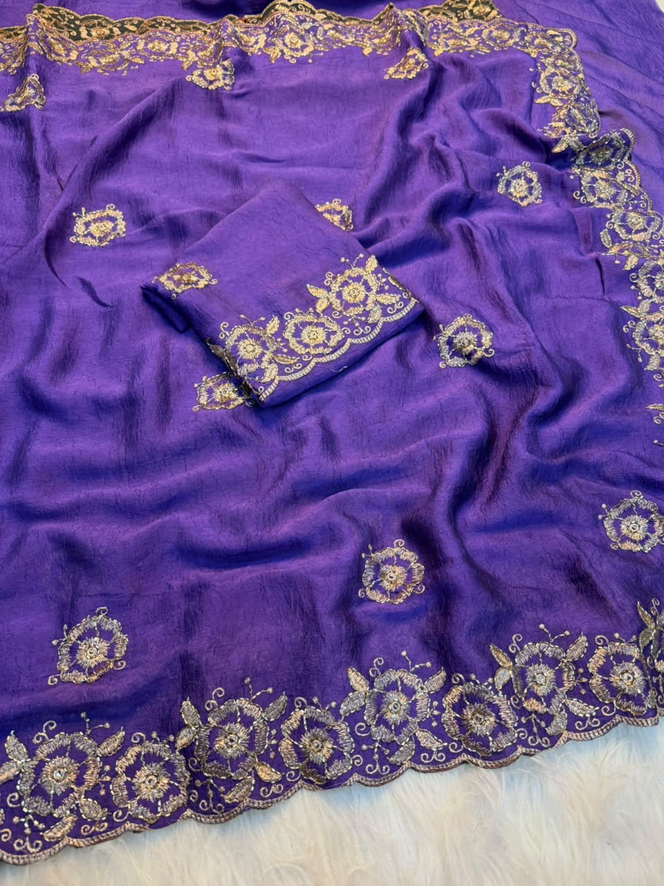 Stunning Function Wear Rangoli Crush Silk Embroidery n Beads Work Border Fancy Saree With Blouse