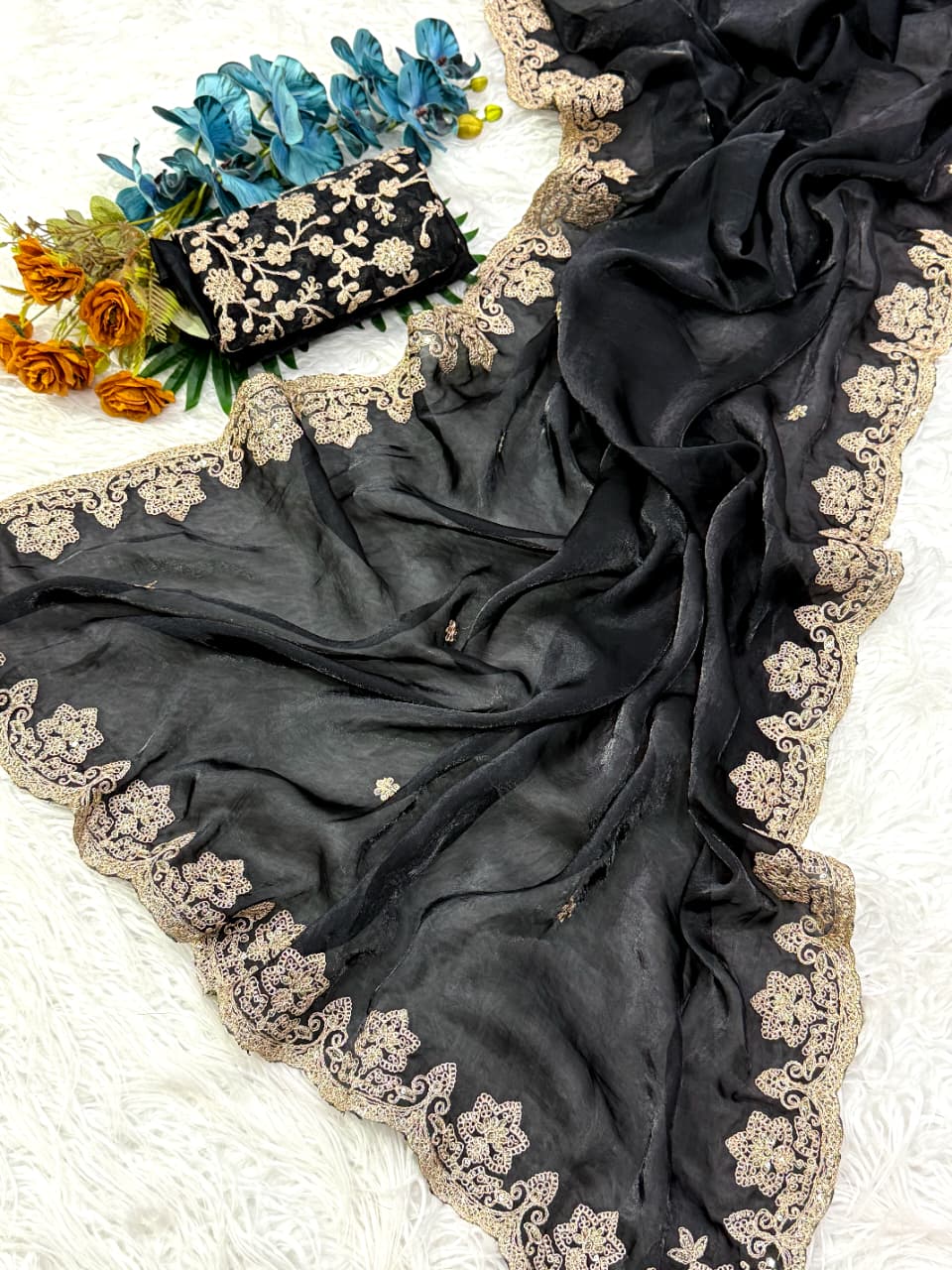 Traditional Festive Wear Silk Embroidery n Sequence Work Saree With Blouse Piece