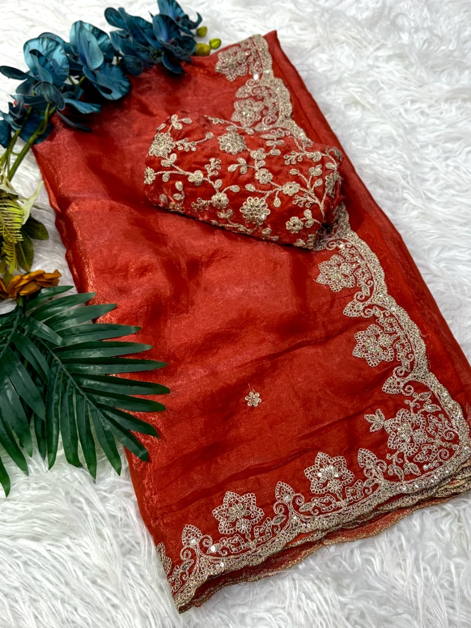Traditional Festive Wear Silk Embroidery n Sequence Work Saree With Blouse Piece