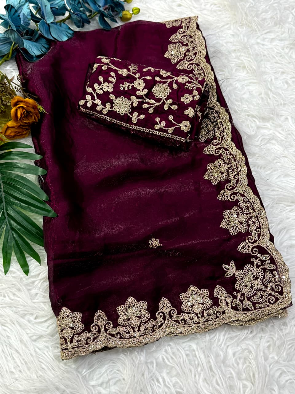 Traditional Festive Wear Silk Embroidery n Sequence Work Saree With Blouse Piece