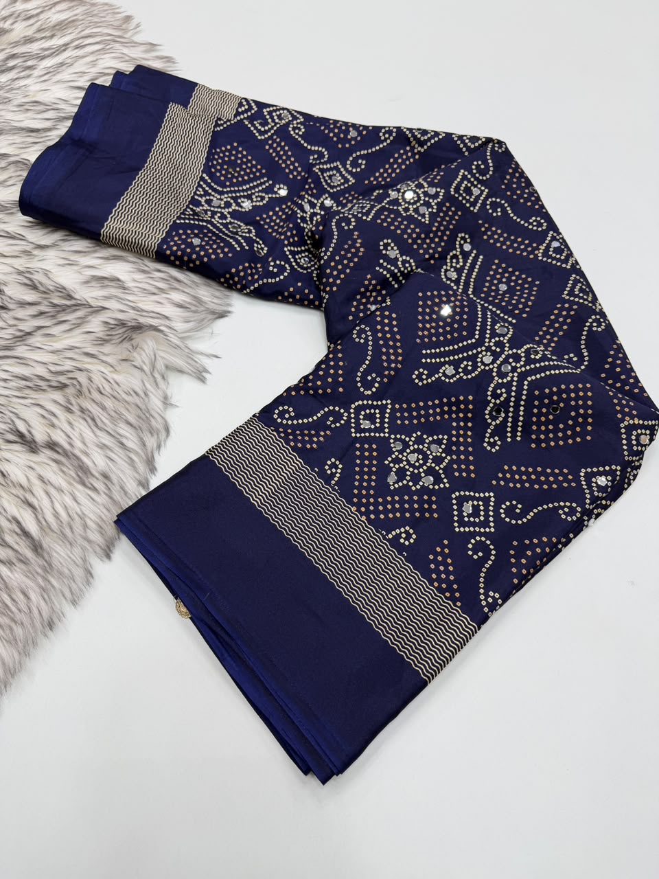 Blissful Function Wear Pure Satin Silk Ajrak Printed Rich Pallu n Mirror Work Designer Saree With Blouse Piece