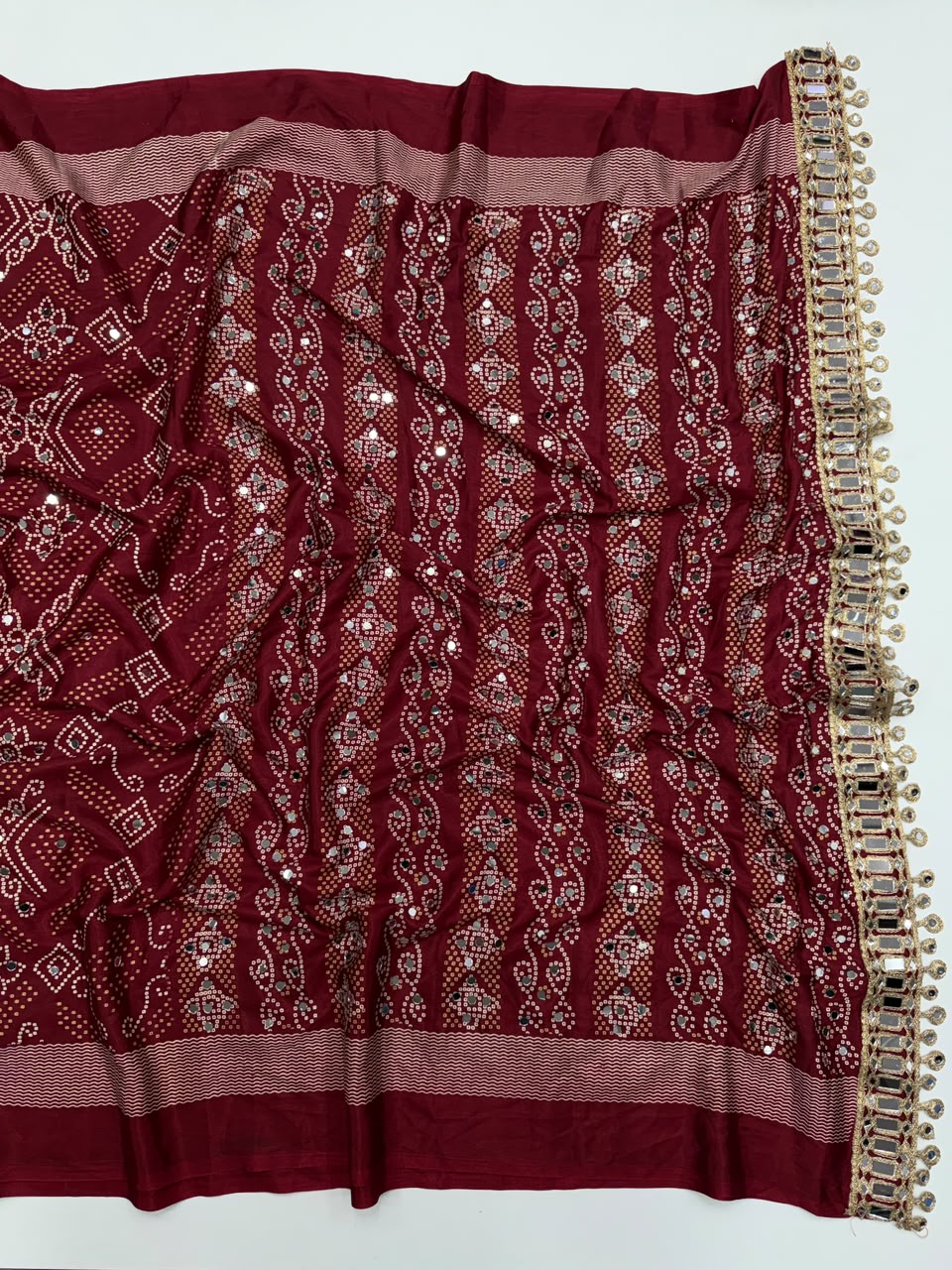 Blissful Function Wear Pure Satin Silk Ajrak Printed Rich Pallu n Mirror Work Designer Saree With Blouse Piece