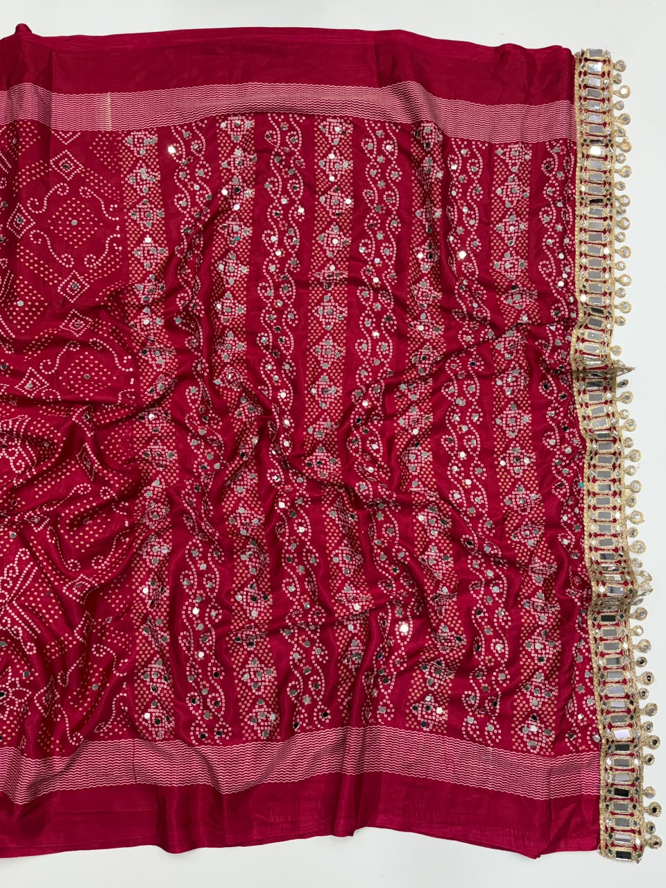 Blissful Function Wear Pure Satin Silk Ajrak Printed Rich Pallu n Mirror Work Designer Saree With Blouse Piece