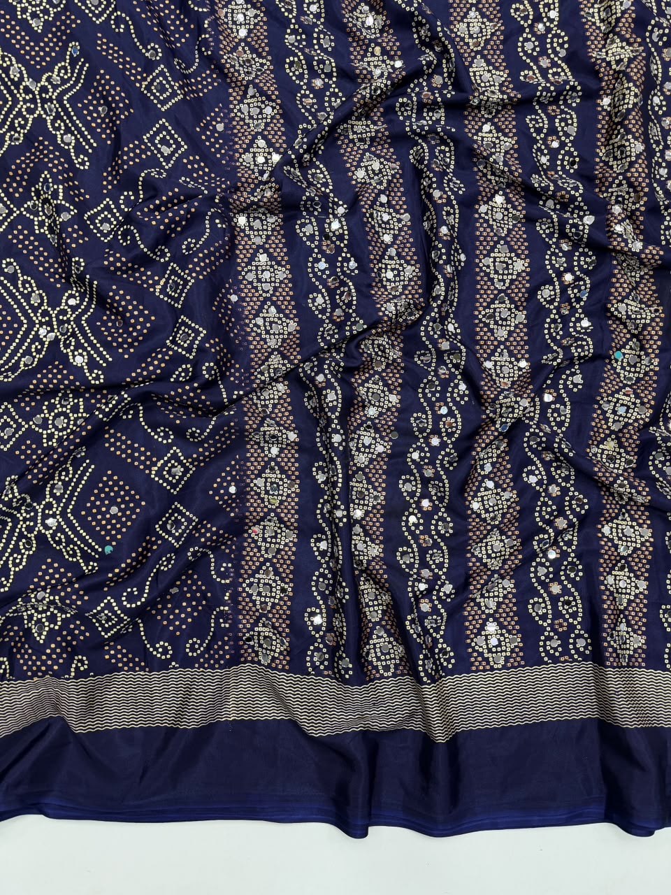 Blissful Function Wear Pure Satin Silk Ajrak Printed Rich Pallu n Mirror Work Designer Saree With Blouse Piece