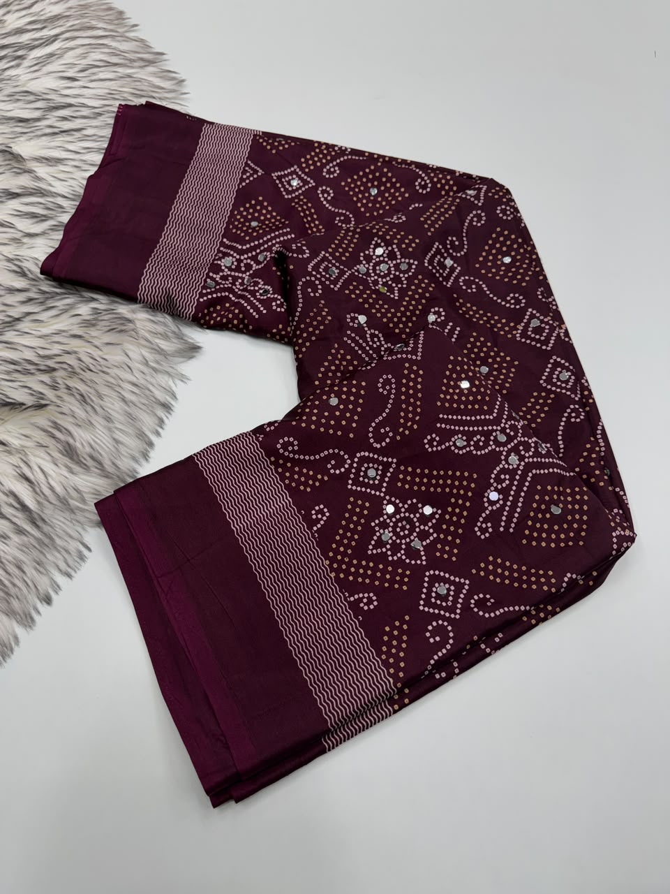 Blissful Function Wear Pure Satin Silk Ajrak Printed Rich Pallu n Mirror Work Designer Saree With Blouse Piece