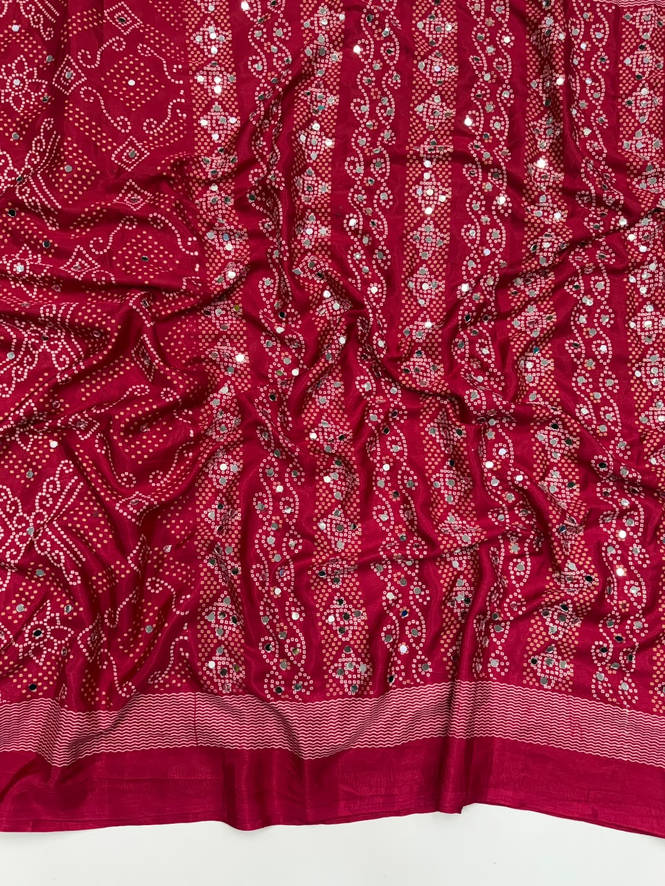 Blissful Function Wear Pure Satin Silk Ajrak Printed Rich Pallu n Mirror Work Designer Saree With Blouse Piece
